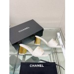 CHANEL 23Ss new diamond check chain double C buckle metal heel slippers sheepskin lining