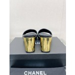 CHANEL 23Ss new diamond check chain double C buckle metal heel slippers sheepskin lining