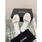 CHANEL 23Ss new diamond check chain double C buckle metal heel slippers sheepskin lining
