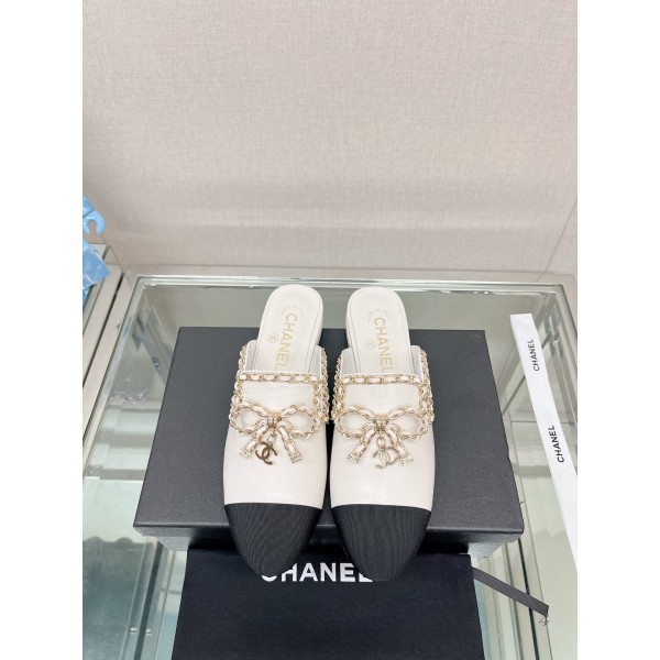 CHANEL 23Ss new chain bow half dragging mule shoes imported lambskin