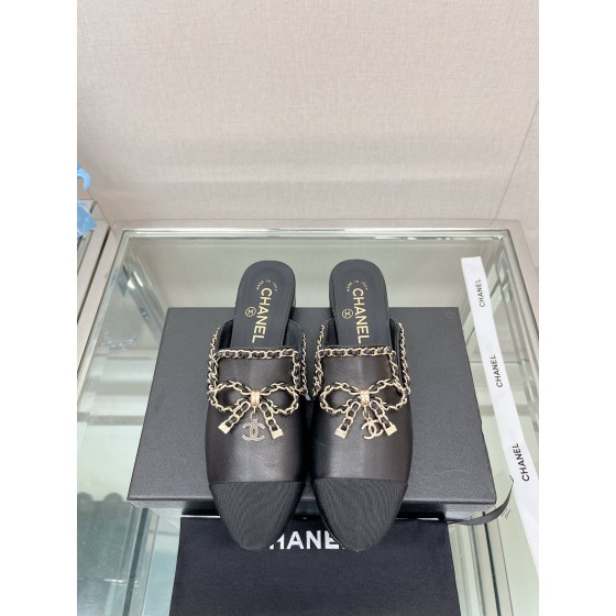 CHANEL 23Ss new chain bow half dragging mule shoes imported lambskin