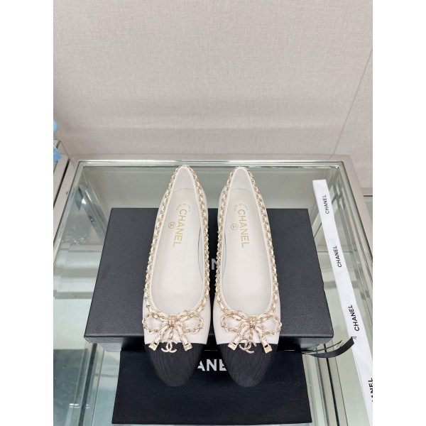 CHANEL 23Ss chain bow flat single shoes imported lambskin sheepskin lining