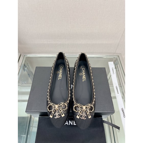CHANEL 23Ss chain bow flat single shoes imported lambskin sheepskin lining