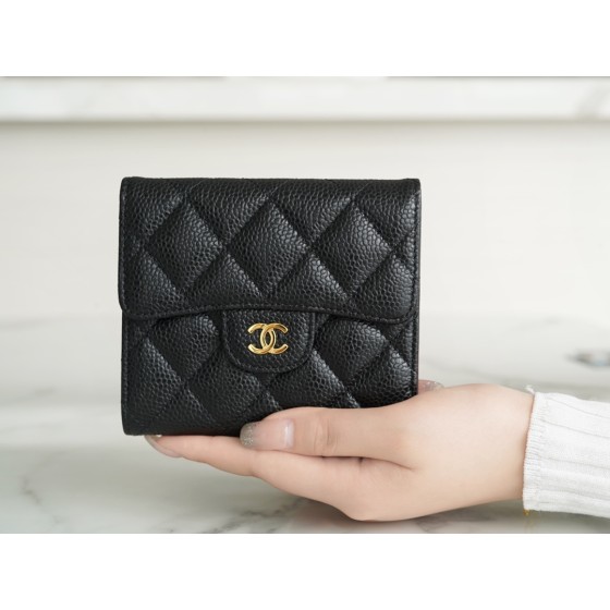 𝗖𝗛𝗔𝗘𝗡𝗟✦ 𝗖𝗹𝗮𝘀𝗶𝗰 𝗙𝗹𝗮𝗽 France 🇫🇷 Imported [HASS] Original Calfskin 🐂 Classic Trifold Wallet Black Gold