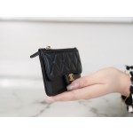 𝗖𝗛𝗔𝗘𝗡𝗟✦In exclusive channel special lambskin 🐑Classic zippered coin card case Black 🖤