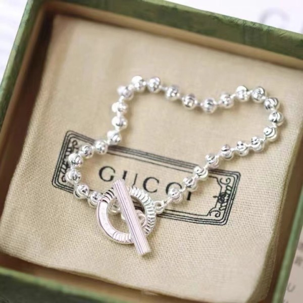 𝐆𝐮𝐜𝐜𝐢 Silver Bead Bracelet OT Buckle Sterling Silver Ladies Bracelet Couple Gift