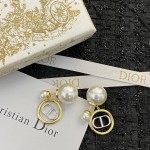 Dior Double Bead Round White Gold CD Pendant Stud Earrings