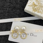 Dior Double Bead Round White Gold CD Pendant Stud Earrings