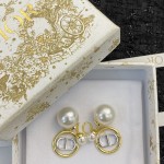 Dior Double Bead Round White Gold CD Pendant Stud Earrings