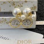 Dior Double Bead Round White Gold CD Pendant Stud Earrings