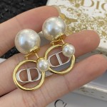 Dior Double Bead Round White Gold CD Pendant Stud Earrings