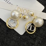 Dior Double Bead Round White Gold CD Pendant Stud Earrings