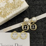 Dior Double Bead Round White Gold CD Pendant Stud Earrings