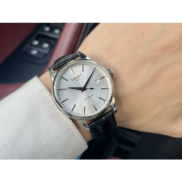 Tissot sapphire glass mirror 316 steel original double button butterfly buckle/genuine leather belt