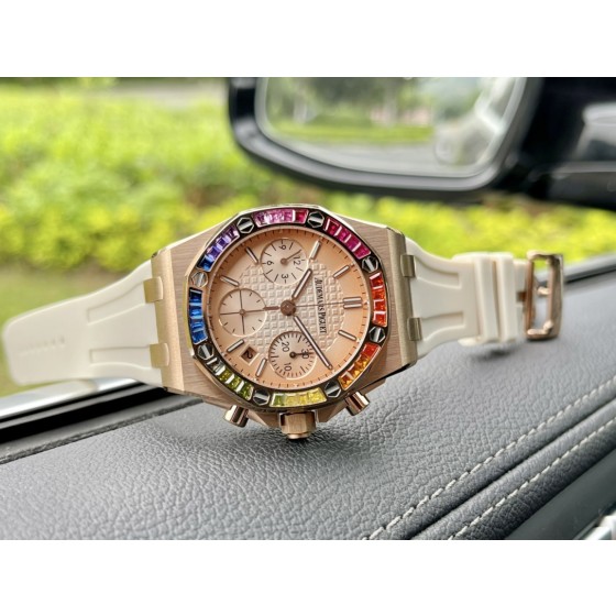 Audemars Piguet set with 32 baguette-cut sapphires in "rainbow colors"