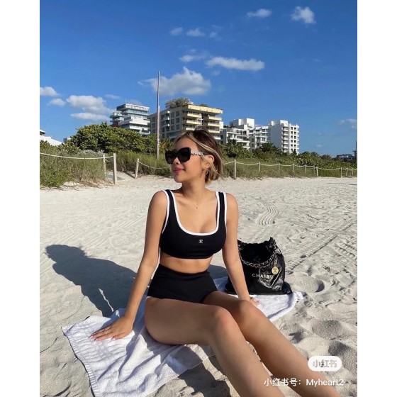 Chanel New Bikini Midi Set Petit Chanel Logo Print Camisole + Triangle Bottoms Separate Swimsuit
