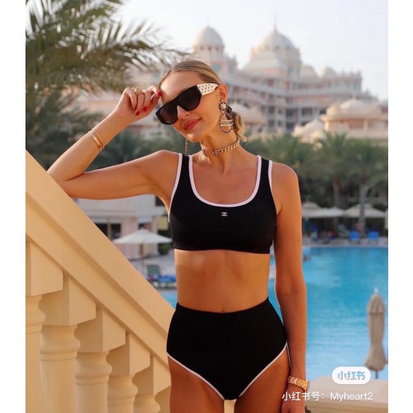 Chanel New Bikini Midi Set Petit Chanel Logo Print Camisole + Triangle Bottoms Separate Swimsuit