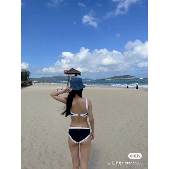 Chanel New Bikini Midi Set Petit Chanel Logo Wrap Tankini + Triangle Bottom Separate Swimsuit