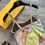 fend* new character girl hit color pattern double ff letter print cross halter strap one-piece swimsuit