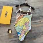 Fendi New character girl clash pattern double ff monogram print cross backless halter one piece swimming costume