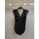 Saint Laurent Pure Black with Wave Lace One-piece Swimsuit