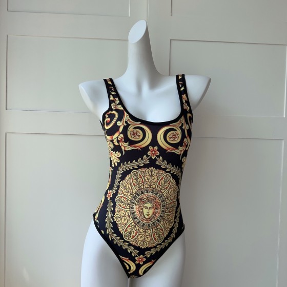 Versac* new court style European and American portrait sun flower pattern printing U-neck halter one-piece swimsuit