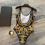 Versac* new court style European and American portrait sun flower pattern printing U-neck halter one-piece swimsuit