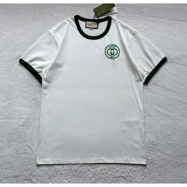 Gucci...Green Collar Contrasting Color Green Embroidered Round Neck Short Sleeves