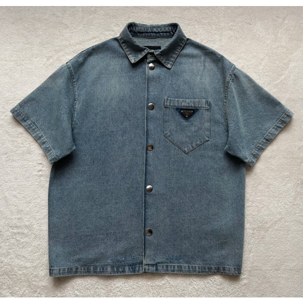 Prada…Triangle brand single-breasted washed light blue denim short-sleeved shirt jacket