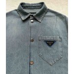 Prada…Triangle brand single-breasted washed light blue denim short-sleeved shirt jacket