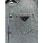 Prada…Triangle brand single-breasted washed light blue denim short-sleeved shirt jacket