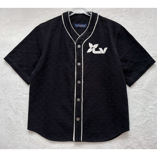 Louis Vuitton...New full flower black denim short-sleeved baseball uniform