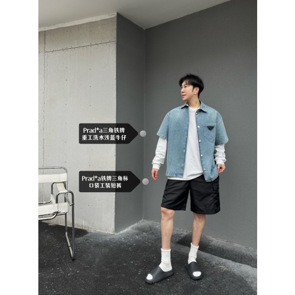 Prada…Triangle brand single-breasted washed light blue denim short-sleeved shirt jacket