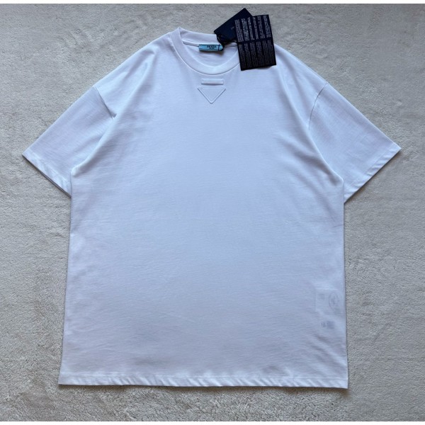 Prada...New White Triangle Cloth Label Round Neck Short Sleeves
