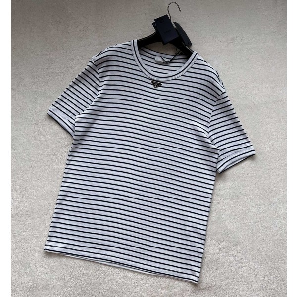 Prada...Navy Blue Stripes Iron Plate Round Neck Short Sleeves
