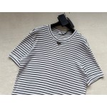 Prada...Navy Blue Stripes Iron Plate Round Neck Short Sleeves