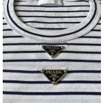 Prada...Navy Blue Stripes Iron Plate Round Neck Short Sleeves