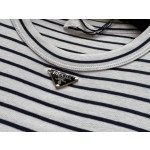 Prada...Navy Blue Stripes Iron Plate Round Neck Short Sleeves