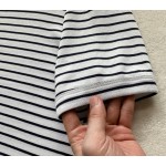 Prada...Navy Blue Stripes Iron Plate Round Neck Short Sleeves