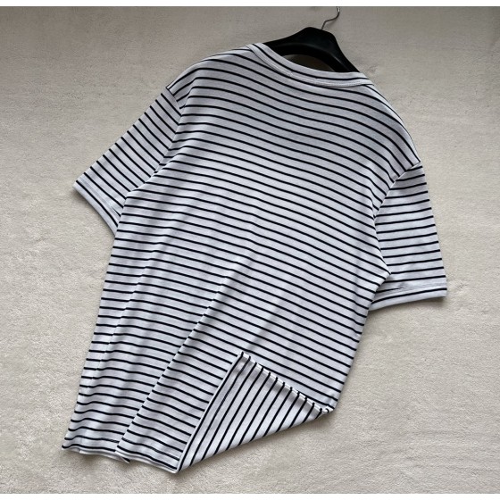 Prada...Navy Blue Stripes Iron Plate Round Neck Short Sleeves