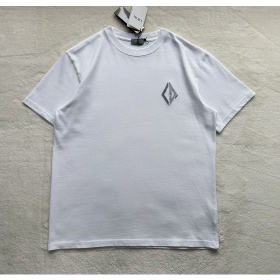 Dior CD geometric diamond embroidery    white short-sleeved T