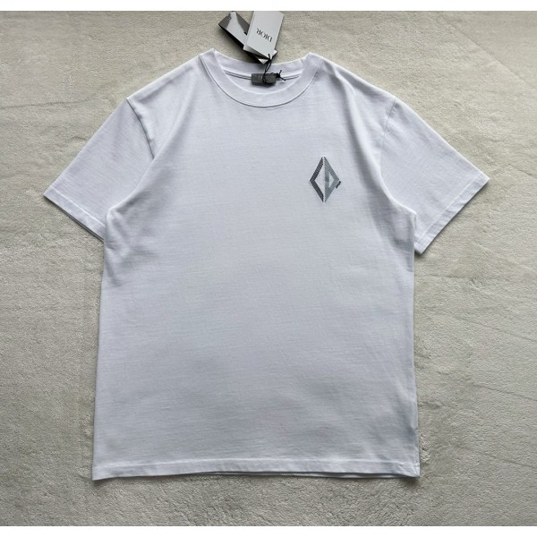 Dior CD geometric diamond embroidery    white short-sleeved T